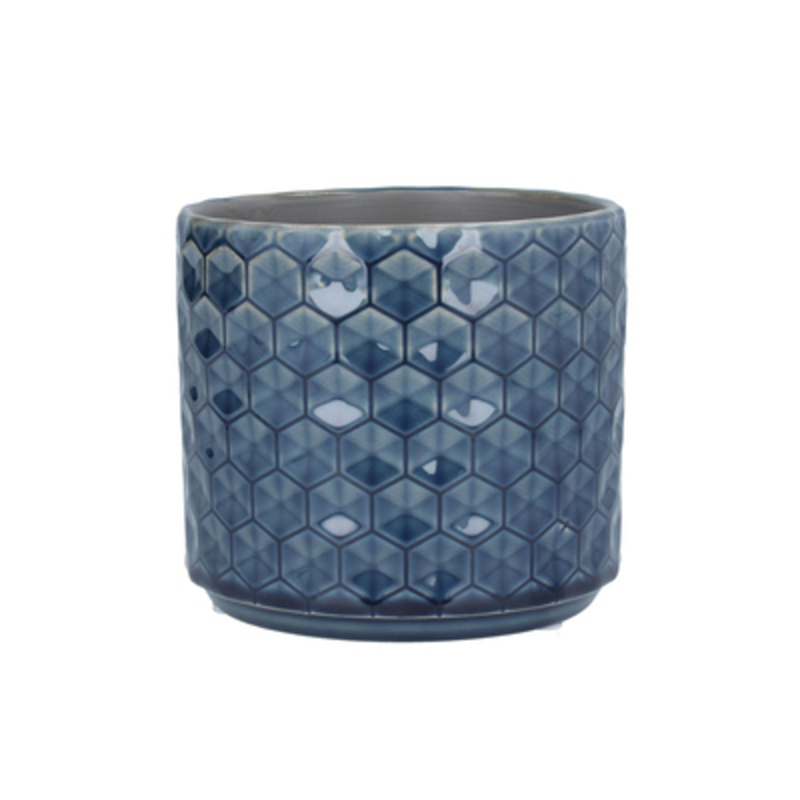 Navy Honeycomb Design Ceramic Pot Cover. The Perfect Addition To Your Home Or Garden. By Gisela Graham.